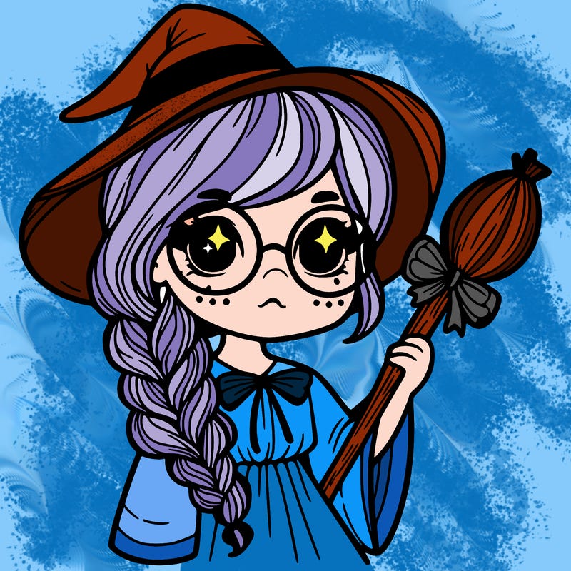 a witch with a braid and two glasses