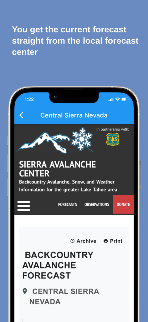 Avalanche Forecasts - Avalanche Forecasts app screen showing a local backcountry report from the Sierra Avalanche Center.