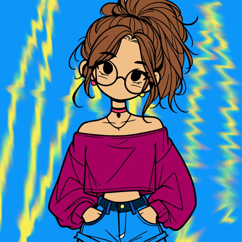 girl with a messy ponytail glasses a baggy crop top and jean shorts