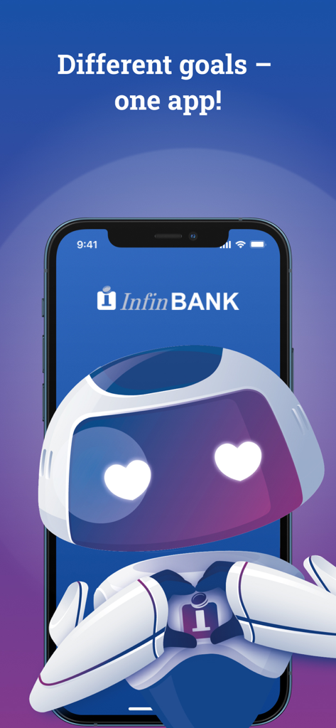 InfinBANK - Tela de introdução do aplicativo móvel InfinBANK com um mascote robô fazendo um gesto de coração