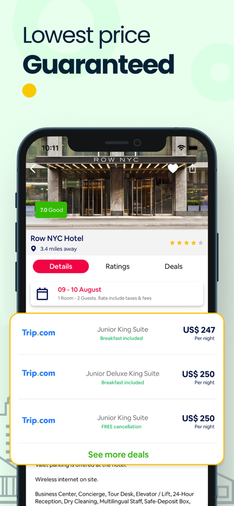 Interface d'application mobile montrant la comparaison des prix d'hôtels pour le Row NYC Hotel avec un message de garantie du prix le plus bas