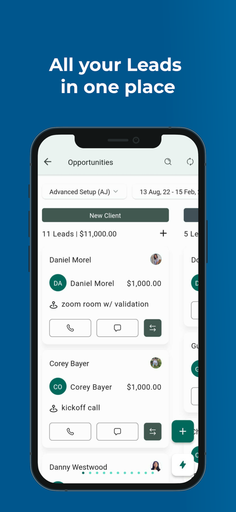 Lead Connector - Lead Connector App-Oberfläche, die Verkaufschancen und Lead-Pipeline-Management anzeigt.