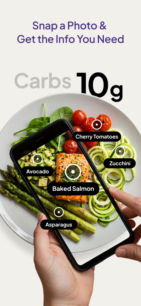 A person using the Glucose Buddy app to take a photo of a meal to automatically identify food items and calculate carbohydrate content.