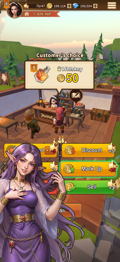 Tavern Legend gameplay showing a tavern management interface with a beautiful elf heroine and sales options