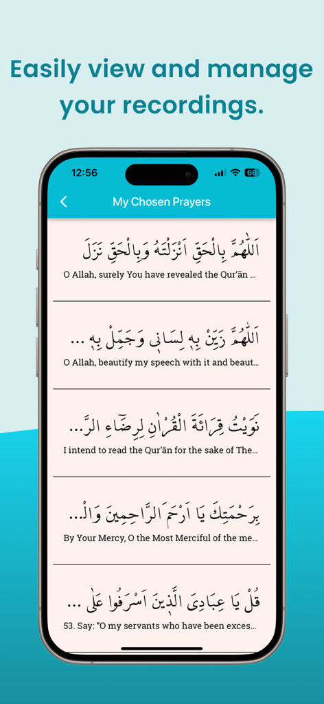 A screenshot of the Daily Dua Readings app showing a list of saved prayers in Arabic with English translations on an iPhone.