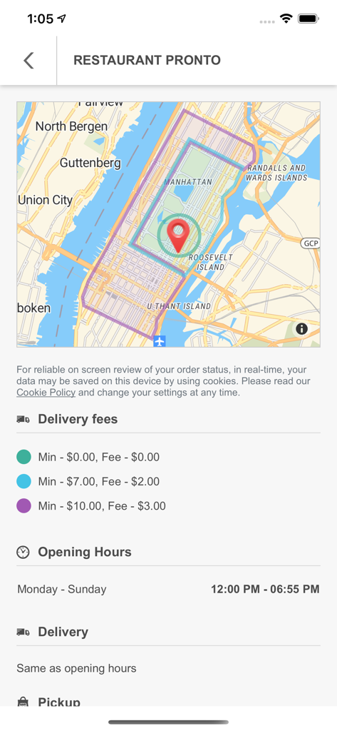 FoodBooking - Mapa de localização do restaurante com zonas de entrega e informações sobre taxas