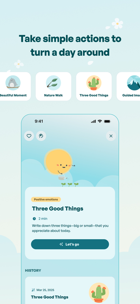 Flourish: 24/7 Wellness Buddy - Flourishアプリのスクリーンショット。Three Good Things感謝エクササイズやNature Walkなどのメンタルウェルネスアクティビティが表示されています。