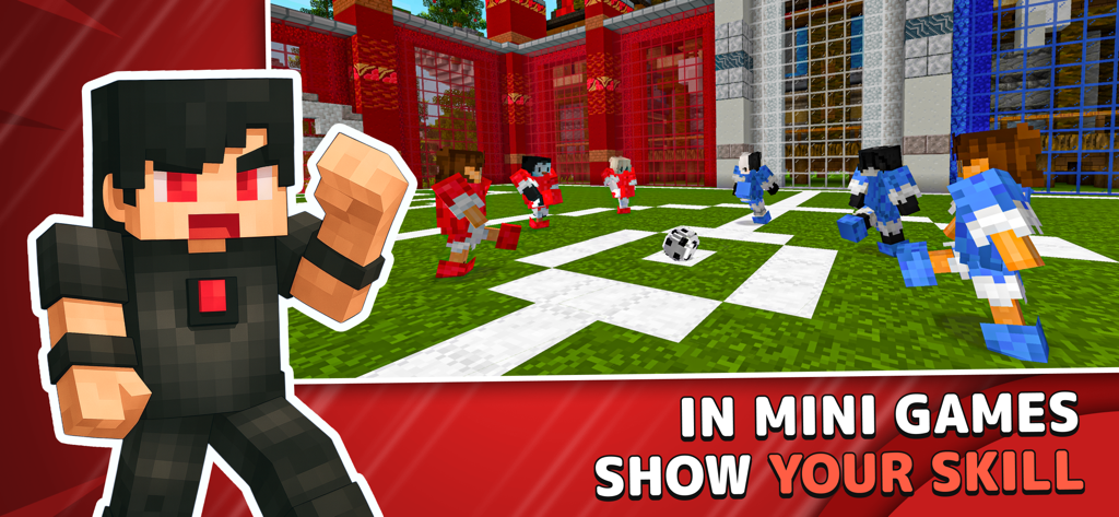 Blocky characters playing soccer in a stadium mini game
