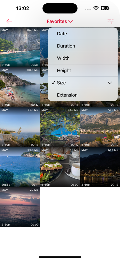 Video Compressor app interface showing video gallery and sorting options like file size and duration