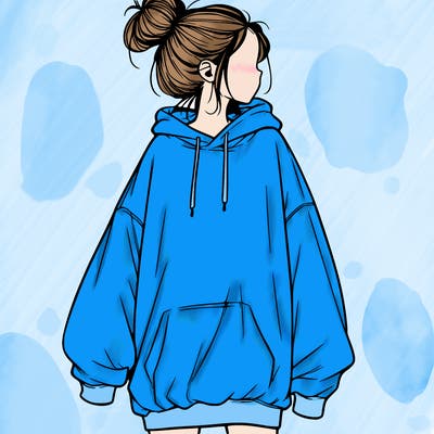 realistic girl with a oversized sweatshirt on and a bun