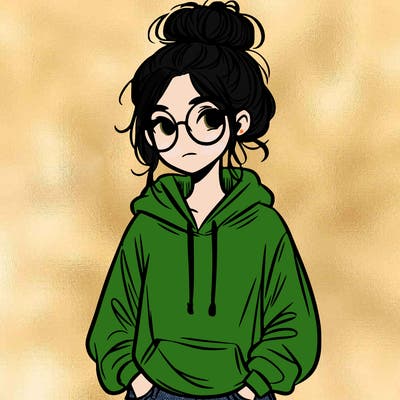 teen girl with a messy bun and glasses wearing a loose hoodie and jeans