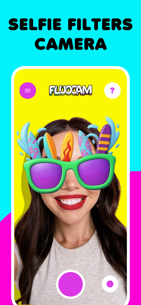 Funny face filters FluoCam - Mujer usando un filtro facial AR de tabla de surf de verano colorida en FluoCam