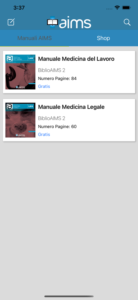 Manuali AIMS - List of medical manuals for exam preparation on the Manuali AIMS app interface