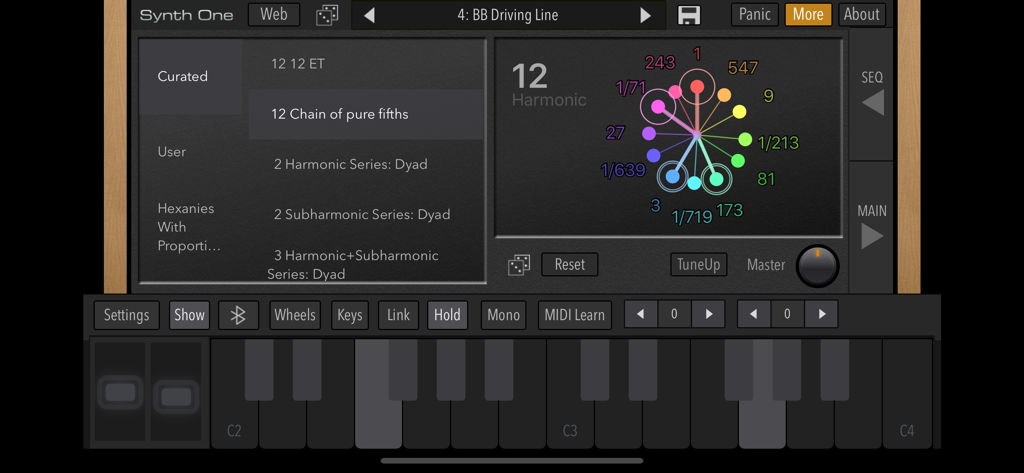 Advanced harmonic tuning interface in AudioKit Synth One with a visual scale diagram and piano keyboard.