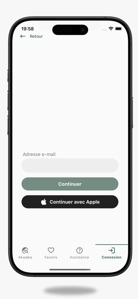 Awlo - Página de login do aplicativo Awlo com campo de entrada de e-mail e botão Continuar com a Apple