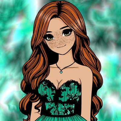 realistic girl with long hair and pretty prom dress
