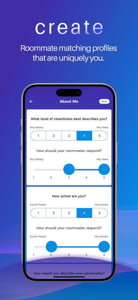 RoomSync - A RoomSync mobile app screen for setting personal lifestyle preferences like cleanliness and activity levels for roommate matching.