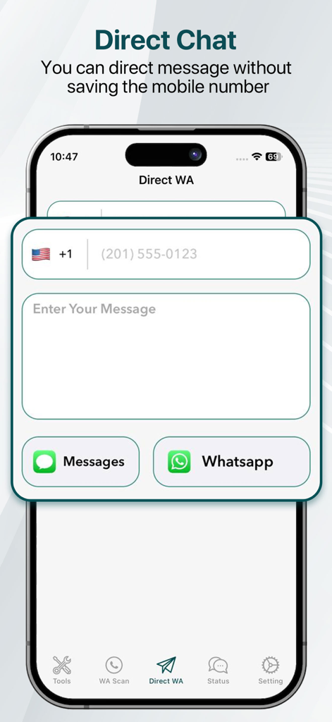 WT Scan Web Messenger - Interface of WT Scan Web Messenger showing the direct chat feature to message unsaved numbers