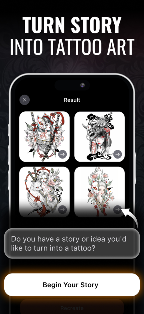 Tattoo Generator - AI Tattoo - Interfaccia dell'app AI Tattoo Generator che mostra design di tatuaggi in stile giapponese con il testo Trasforma la Storia in Arte del Tatuaggio