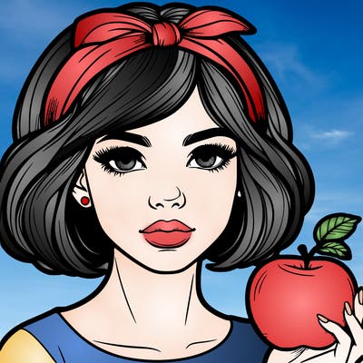 a woman with medium short hair, wearing a headband with a small bow, carrying an apple in her hand, realistic