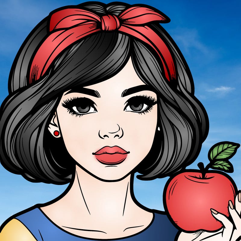 a woman with medium short hair, wearing a headband with a small bow, carrying an apple in her hand, realistic
