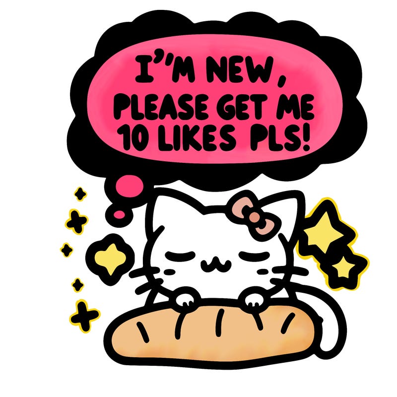 kitty taking a nap dream talking and saying "i'm new, please get me at least 10 likes pls!!"