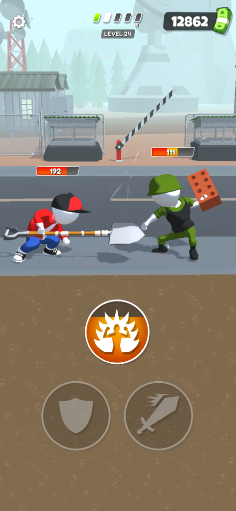 Merge Fighting: Fight Hit Game - Two stickman characters fighting with a shovel and a brick in a street combat level