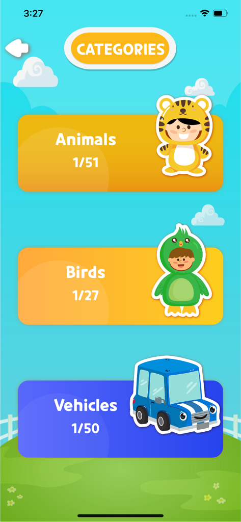 Guess the Picture Quiz Game - Category selection screen in Guess the Picture Quiz Game featuring Animals Birds and Vehicles categories with colorful cartoon icons