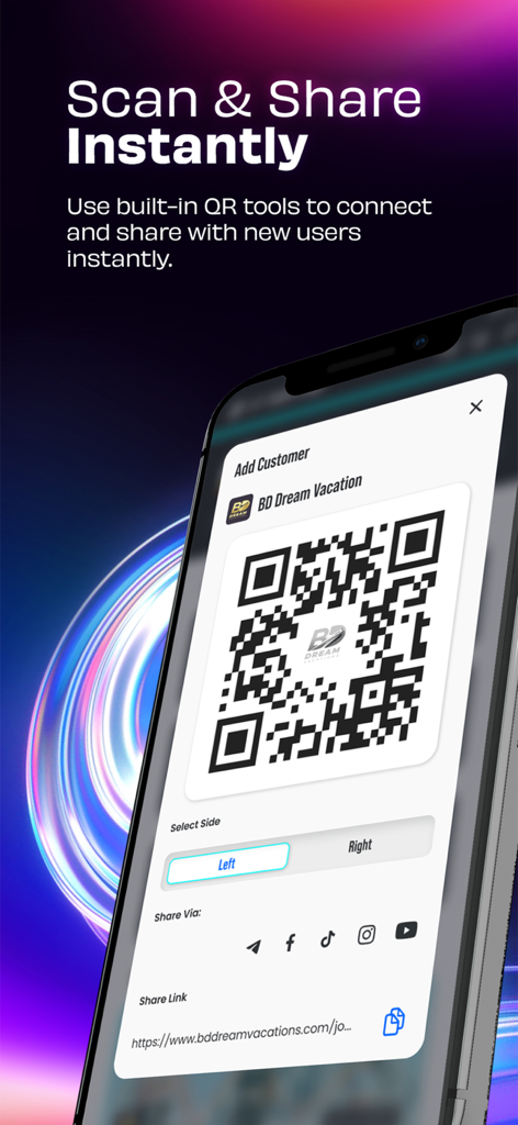 ByDzyne - ByDzyne app screen showing the Scan and Share feature with a QR code and social media sharing options