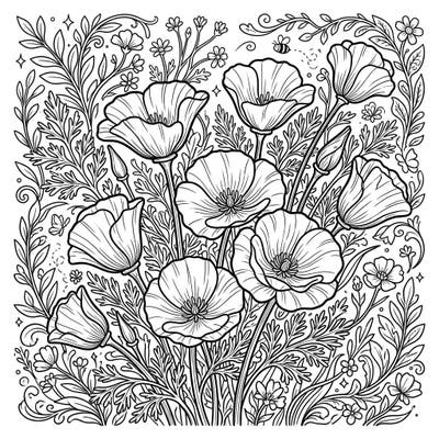 Dive into the golden warmth of spring with this stunning California Poppies coloring page, featuring beautiful blooms and intricate botanical details. Perfect for adults and teens, it offers a relaxing and creative way to celebrate the season's vibrant beauty.