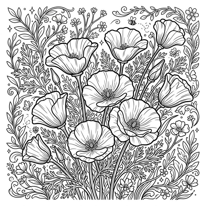 Dive into the golden warmth of spring with this stunning California Poppies coloring page, featuring beautiful blooms and intricate botanical details. Perfect for adults and teens, it offers a relaxing and creative way to celebrate the season's vibrant beauty.