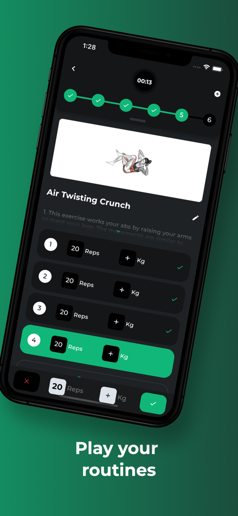 Mein Trainingsplan-App-Oberfläche, die den Workout-Player für eine Luft-Twist-Crunch-Übung mit Satzverfolgung und einem Timer zeigt.