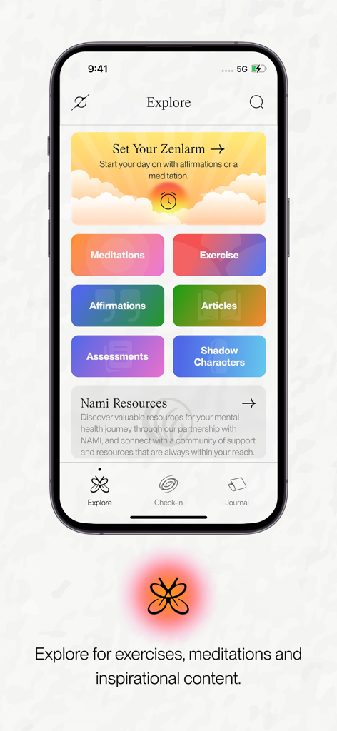 Zenfulnote: Journal & Heal - Zenfulnote mobile app explore screen featuring buttons for meditations exercises affirmations and shadow work