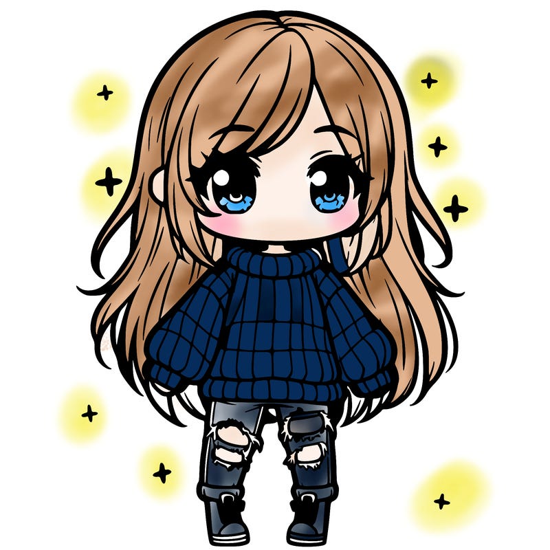 chibi girl with ripped jeans,long hair, and an oversized sweater