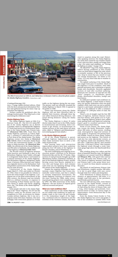 Digital page from The MILEPOST app showing Alaska Highway facts and travel information