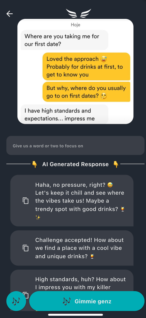 Wingman AI: Texting Guide - Une capture d'écran de l'application Wingman AI affichant plusieurs options de réponses textuelles générées par l'IA pour une conversation de rencontre.