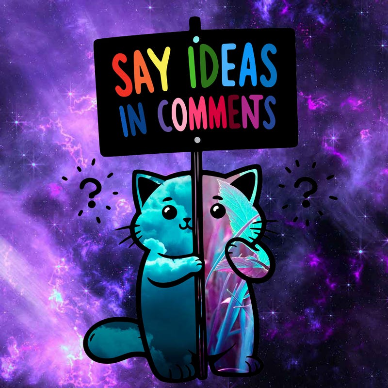 cat holding sign that says say ideas in comments