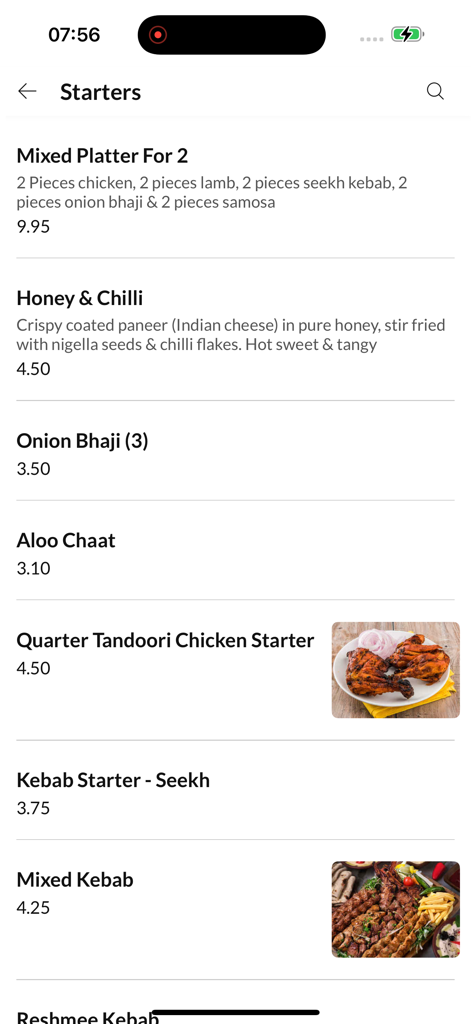 Ashoka. - Starters menu screen of the Ashoka mobile app featuring a variety of Indian appetizers and prices.