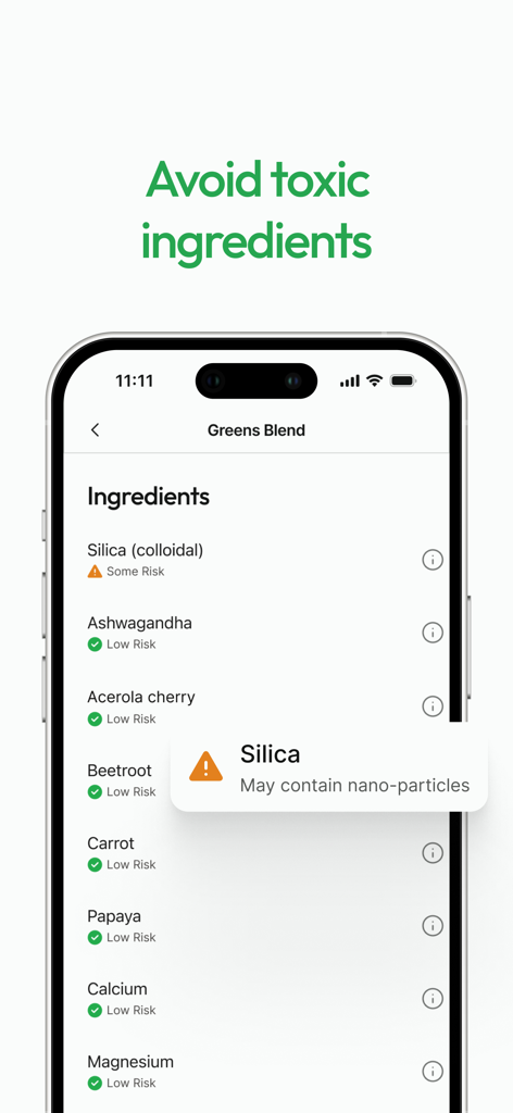 Prove It - Supplement Scanner - Prove It-App-Bildschirm mit einer Liste von Nahrungsergänzungsmittel-Inhaltsstoffen mit farbcodierten Sicherheitsrisiken und einer detaillierten Warnung für Siliciumdioxid.