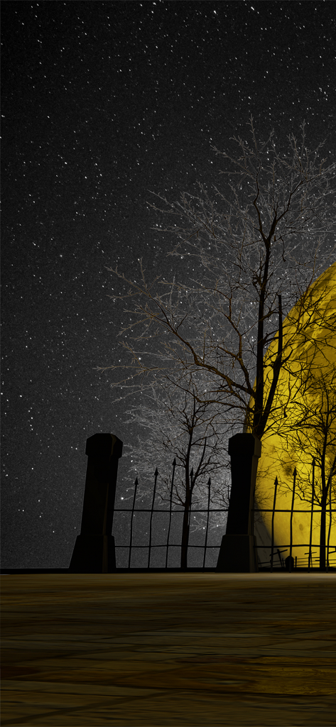 Uma cena noturna caprichosa com uma grande lua amarela e céu estrelado atrás de uma cerca preta e árvores silhuetadas.
