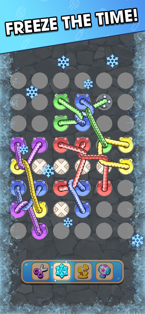 Tangle Rope: Twisted Master - Juego de Tangle Rope Twisted Master mostrando un puzzle con cuerdas coloridas y el potenciador de congelar tiempo activo.