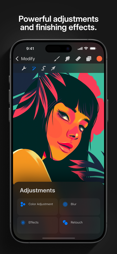 Capture d'écran de Procreate Pocket sur iPhone montrant les outils de réglage sur un portrait numérique coloré.