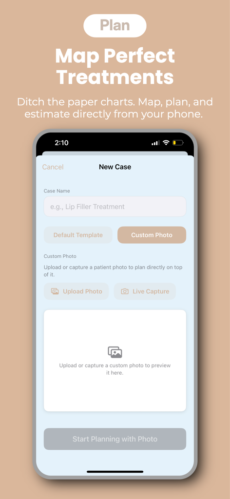 Aesthetic Injector Planner app interface showing the new case creation screen with options to upload a custom patient photo for treatment mapping.