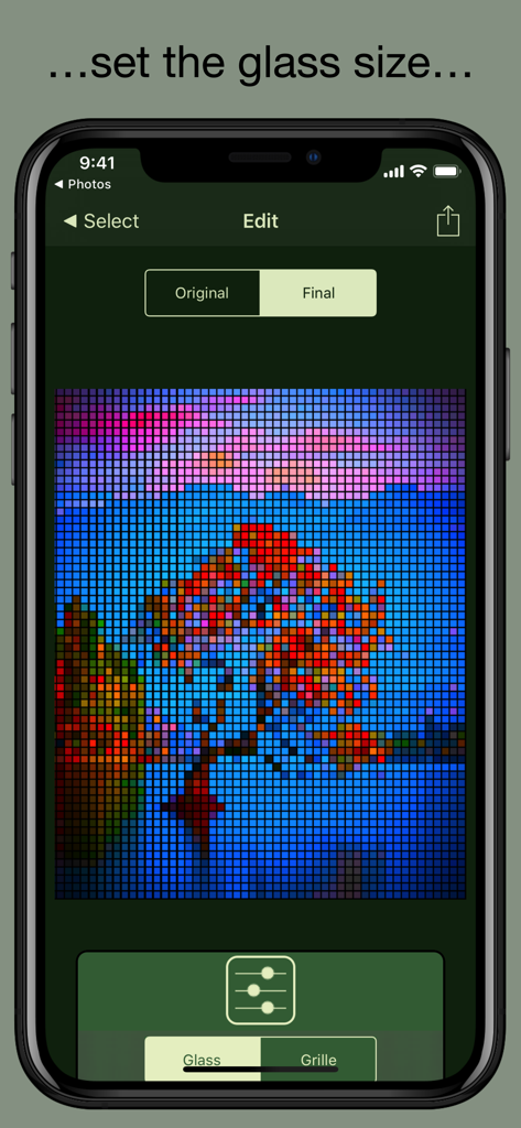 Stained Glass - Photo Effect - Écran d'iPhone montrant l'interface d'édition de l'application Vitrail - Effet Photo avec une photo d'arbre transformée en effet mosaïque et des curseurs pour ajuster la taille du verre