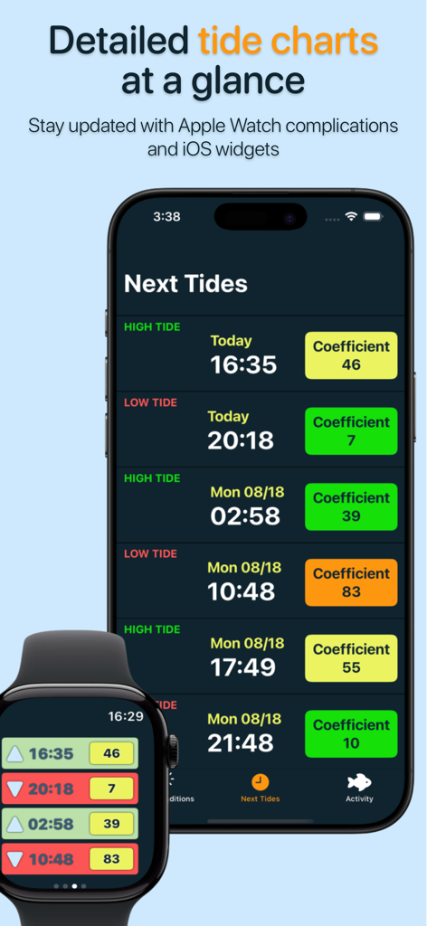 FisherPal: Fishing Forecasts - Detailed tide charts and high low tide coefficients on iPhone and Apple Watch screens for the FisherPal app