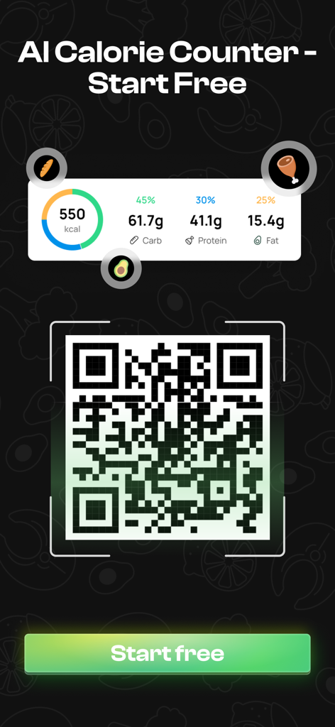 Dietfit AI calorie tracker app showing a QR scanner and nutritional information for calories carbs protein and fat