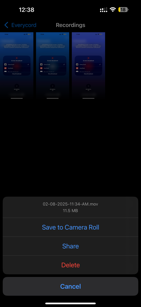 EveryCord app interface showing options to save, share, or delete a captured screen recording.