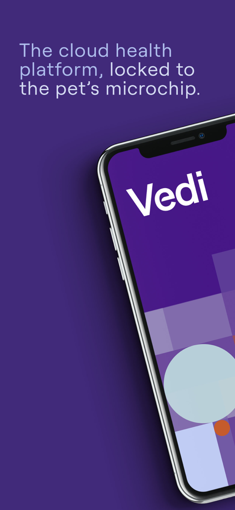 Vedi app screen stating it is a cloud health platform locked to the pet microchip.