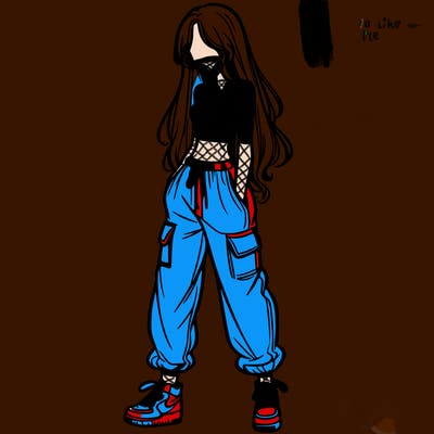 girl in baggy pants crop top and long hair