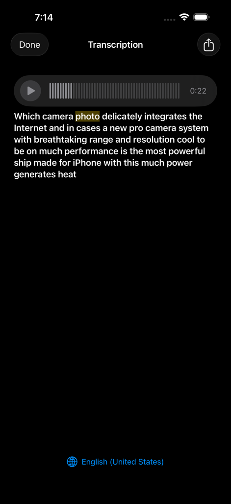 Voice Recorder, Voice Memos ™ - Interfaz que muestra la transcripción de una nota de voz a texto en un iPhone